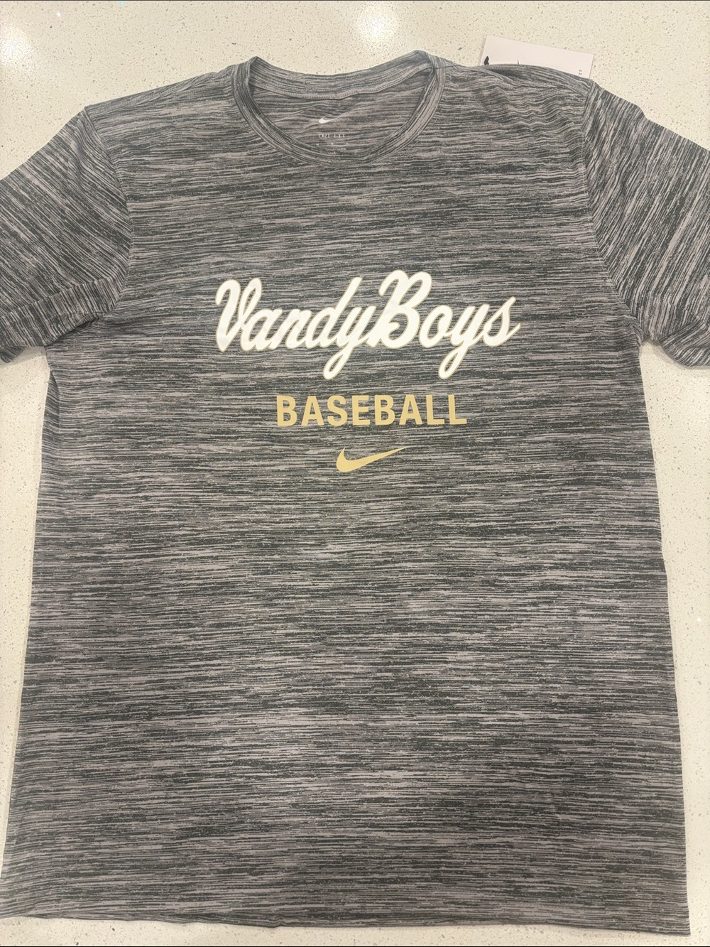 Nike Men’s VandyBoys Baseball Heather Gray Dri-Fit Tee with Gold/White Print